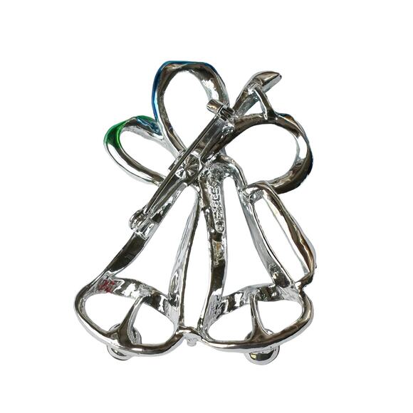 1960s GERRYS Red Green Blue Enamel Christmas Bells & Ribbon Pin Brooch - Picture 2 of 3